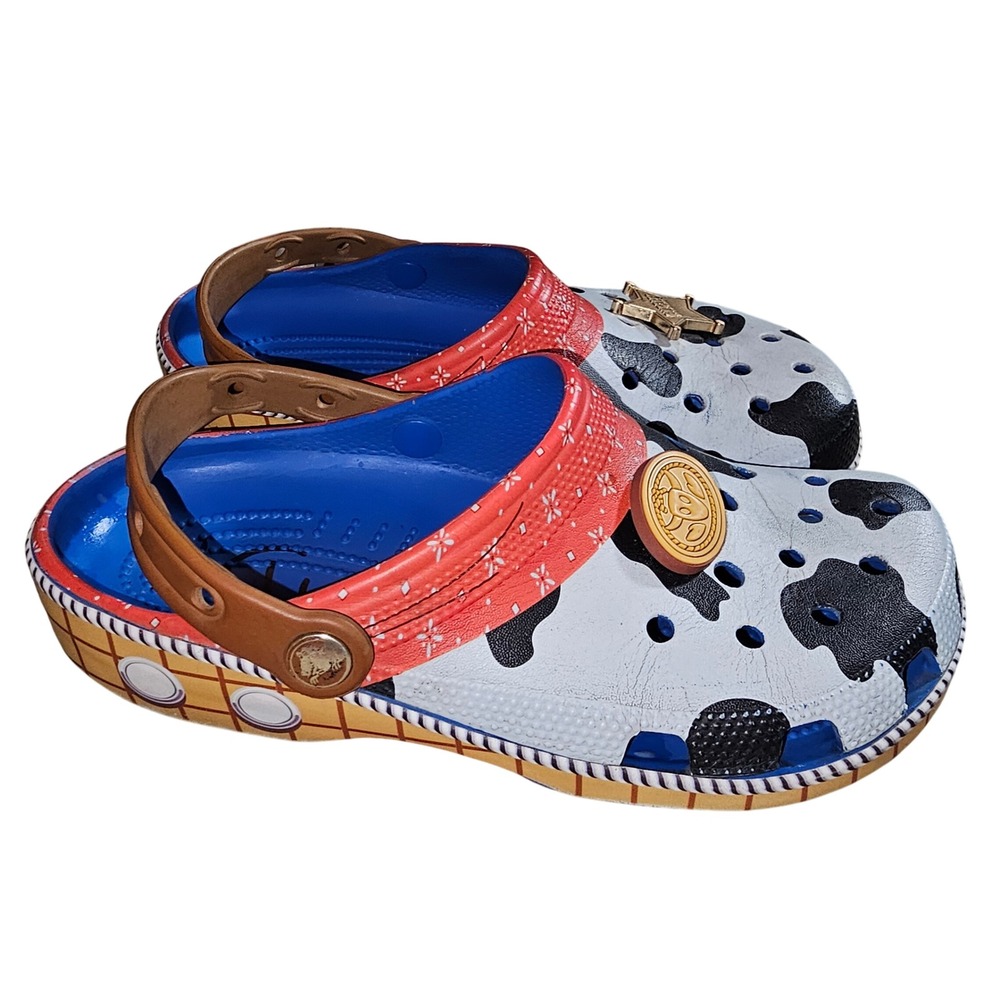 Toy Story Crocs Woody Sheriff Cow Print Clogs Sandals Shoes Size Men 7 Women 9 - Picture 6 of 8